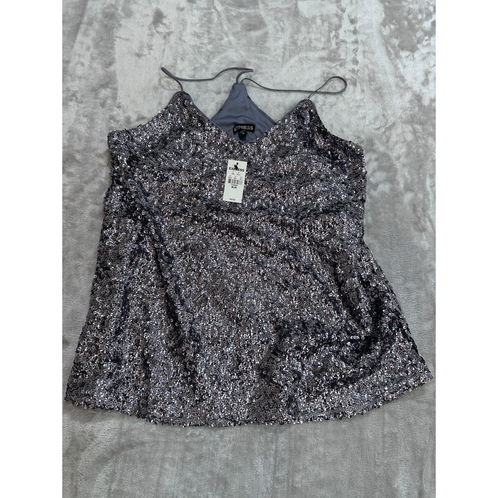 Express Tank Top Womens Size Medium Gunmetal Silver Sequin Cami Cross Strap NWT